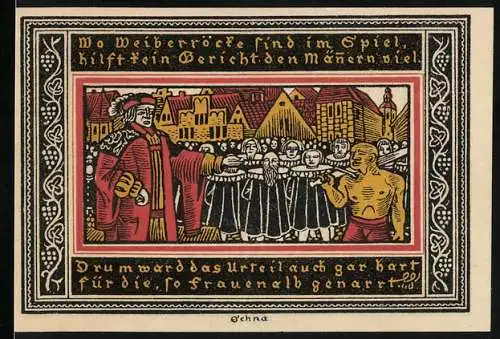 Notgeld Ettlingen, 1921, 50 Pfennig, Stadtwappen und historische Szene mit Frauen und einem Richter