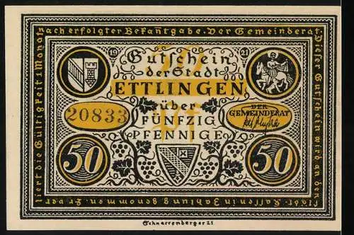 Notgeld Ettlingen, 1921, 50 Pfennig, Stadtwappen und historische Szene mit Frauen und einem Richter