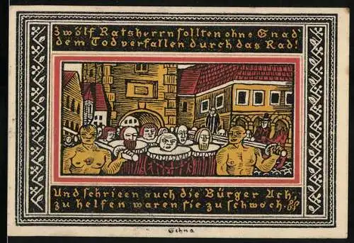 Notgeld Ettlingen, 1921, 50 Pfennig, Darstellung von 12 Ratsherren und städtischer Architektur
