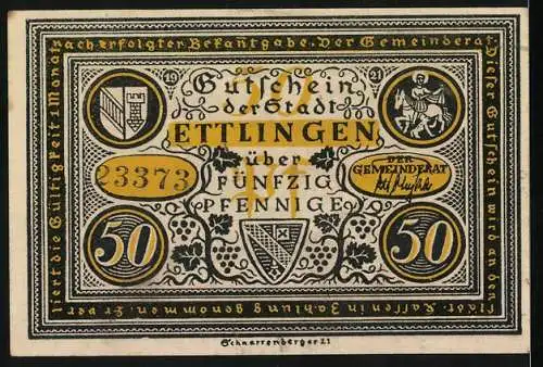 Notgeld Ettlingen, 1921, 50 Pfennig, Darstellung von 12 Ratsherren und städtischer Architektur
