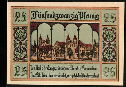 Notgeld Aken / Elbe, 1921, 25 Pfennig, Stadtansicht und Stadtwappen, Inschrift von Karl dem Grossen