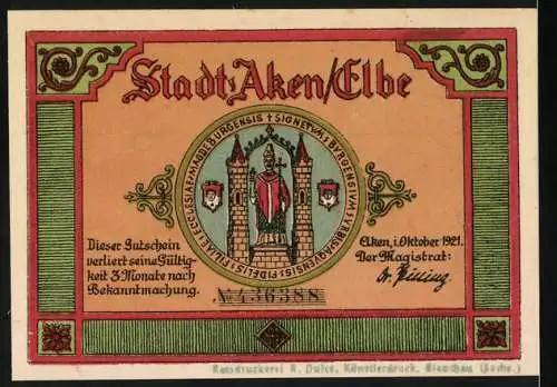 Notgeld Aken / Elbe, 1921, 25 Pfennig, Stadtansicht und Stadtwappen, Inschrift von Karl dem Grossen