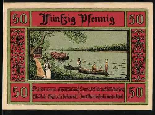 Notgeld Aken / Elbe 1921, 50 Pfennig, Gutschein mit Stadtwappen und Seeansicht