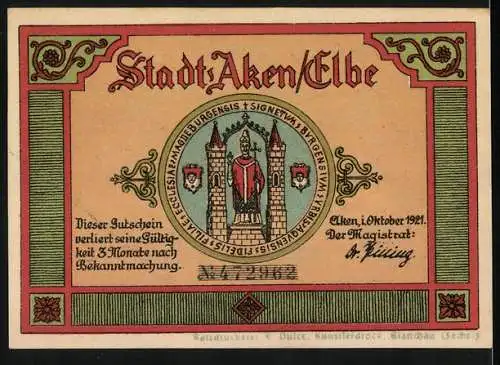 Notgeld Aken / Elbe 1921, 50 Pfennig, Gutschein mit Stadtwappen und Seeansicht