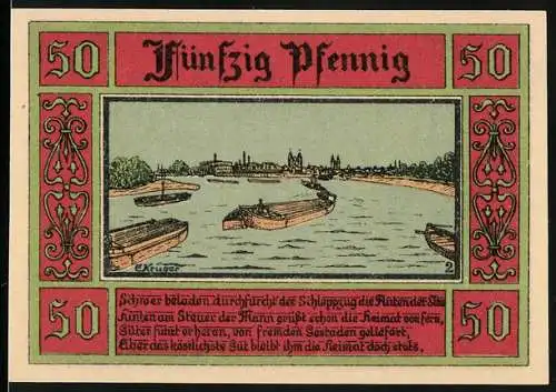 Notgeld Aken / Elbe 1921, 50 Pfennig, Schiffe auf dem Fluss und Stadtwappen