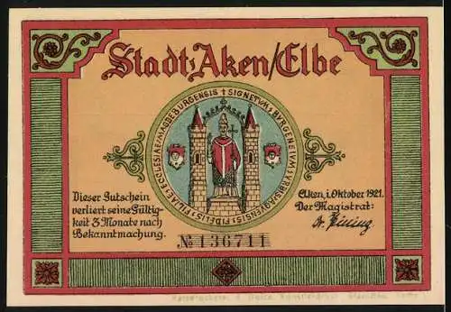 Notgeld Aken / Elbe 1921, 50 Pfennig, Schiffe auf dem Fluss und Stadtwappen