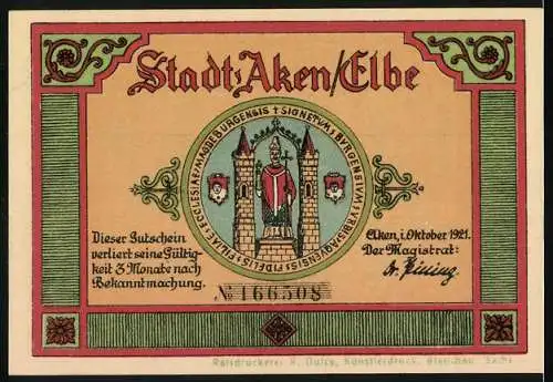 Notgeld Aken / Elbe, 1921, 50 Pfennig, Biber nagt an grünem Holz, Stadtwappen, Gültigkeit 3 Monate