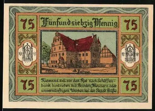 Notgeld Aken / Elbe, 1921, 75 Pfennig, Rathaus und Stadtwappen mit Text auf Vorder- und Rückseite