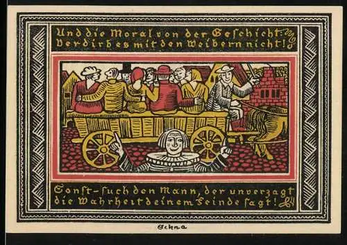 Notgeld Ettlingen, 1921, 50 Pfennig, Moralische Geschichte mit Wagen und Menschen auf Vorderseite