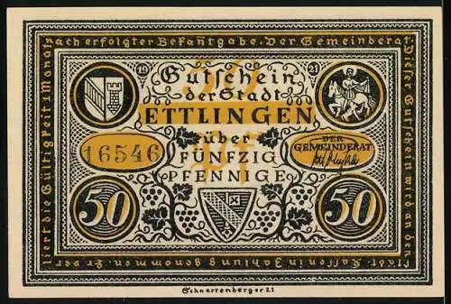 Notgeld Ettlingen, 1921, 50 Pfennig, Moralische Geschichte mit Wagen und Menschen auf Vorderseite