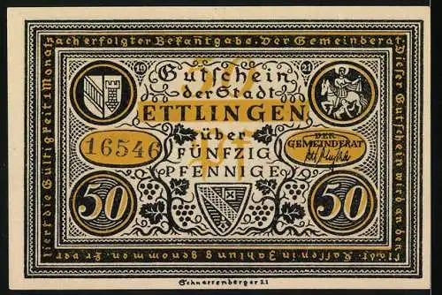 Notgeld Ettlingen, 1921, 50 Pfennig, Gutschein der Stadt mit Richter und Gerichtsszene