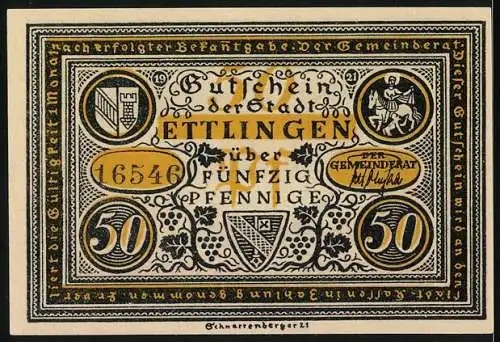 Notgeld Ettlingen, 1921, 50 Pfennig, Zwölf Ratsherrn ohne Gnad dem Tod verfallen durch das Rad