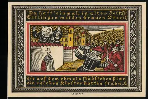 Notgeld Ettlingen, 1921, 50 Pfennig, Stadtwappen und historische Szene mit Frauen und Kloster