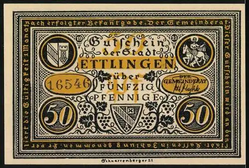 Notgeld Ettlingen, 1921, 50 Pfennig, Stadtwappen und historische Szene mit Frauen und Kloster