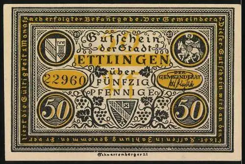 Notgeld Ettlingen, 1921, 50 Pfennig, Gutschein der Stadt Ettlingen, historische Szene, Frauenalb, Stadtwappen