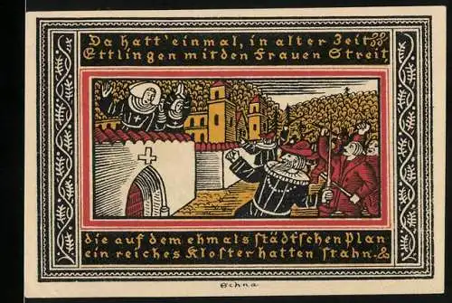 Notgeld Ettlingen 1921, 50 Pfennig, Gutschein der Stadt Ettlingen mit historischem Stadtbild und Klosterszene