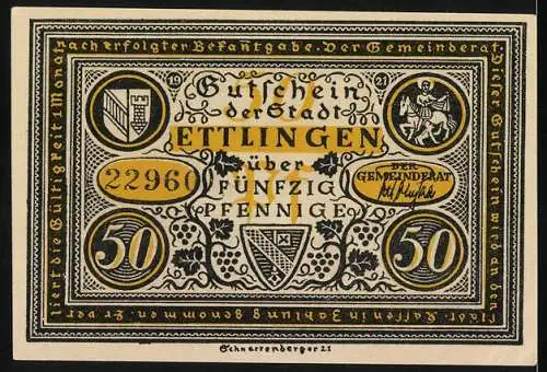 Notgeld Ettlingen 1921, 50 Pfennig, Gutschein der Stadt Ettlingen mit historischem Stadtbild und Klosterszene