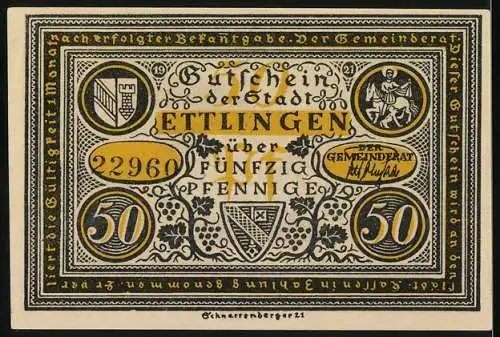 Notgeld Ettlingen, 1921, 50 Pfennig, Gutschein der Stadt Ettlingen mit historischem Motiv, Seriennummer 22960