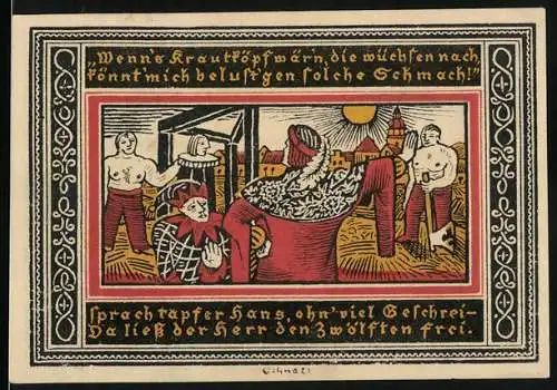Notgeld Ettlingen, 1921, 50 Pfennig, historische Illustration und Stadtwappen