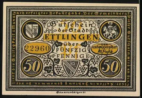 Notgeld Ettlingen, 1921, 50 Pfennig, historische Illustration und Stadtwappen