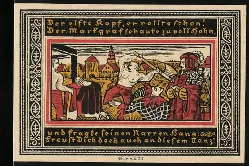 Notgeld Ettlingen 1921, 50 Pfennig, Gutschein der Stadt mit mittelalterlicher Szene