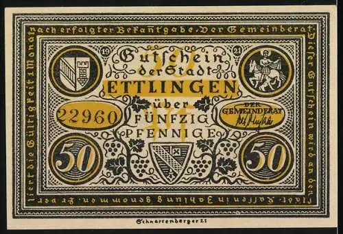 Notgeld Ettlingen 1921, 50 Pfennig, Gutschein der Stadt mit mittelalterlicher Szene