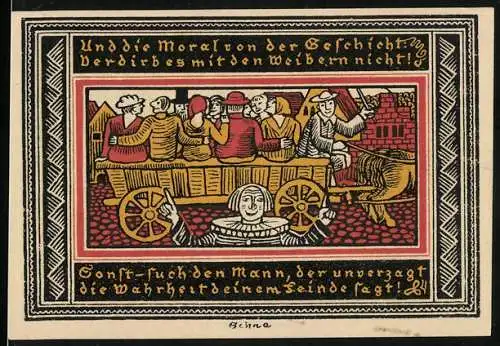 Notgeld Ettlingen, 1921, 50 Pfennig, Szene mit Gefangenenwagen und Ritter mit Lanze