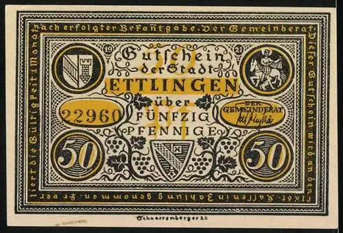 Notgeld Ettlingen, 1921, 50 Pfennig, Szene mit Gefangenenwagen und Ritter mit Lanze