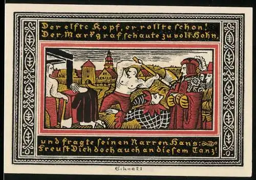 Notgeld Ettlingen, 1921, 50 Pfennig, mittelalterliche Szene mit Narr und Henker, Wappen und Stadtsiegel