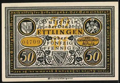 Notgeld Ettlingen, 1921, 50 Pfennig, mittelalterliche Szene mit Narr und Henker, Wappen und Stadtsiegel