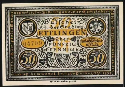 Notgeld Ettlingen 1921, 50 Pfennig, Gutschein der Stadt mit historischem Motiv und Stadtwappen