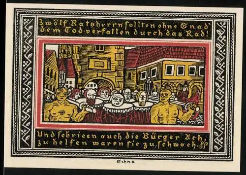 Notgeld Ettlingen, 1921, 50 Pfennig, Gutschein der Stadt Ettlingen über fünfzig Pfennig mit historischer Szene