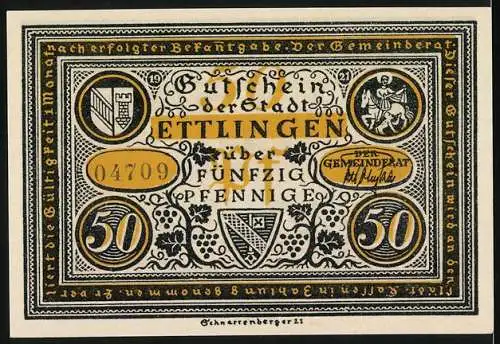 Notgeld Ettlingen, 1921, 50 Pfennig, Gutschein der Stadt Ettlingen mit mittelalterlicher Szene und Stadtwappen