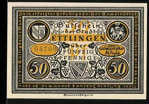 Notgeld Ettlingen 1921, 50 Pfennig, Gutschein der Stadt mit Klosterszene und Frauenstreit