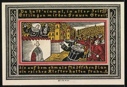 Notgeld Ettlingen 1921, 50 Pfennig, Gutschein der Stadt mit Klosterszene und Frauenstreit