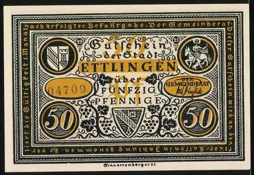 Notgeld Ettlingen, 1921, 50 Pfennig, Gutschein der Stadt Ettlingen, Hans im Kochtopf