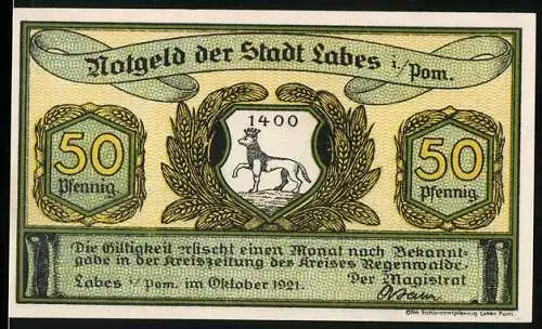 Notgeld Labes 1921, 50 Pfennig, Vorderseite Wappen mit Hirsch und Rückseite Im trauten Heim