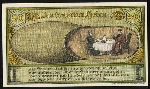 Notgeld Labes 1921, 50 Pfennig, Vorderseite Wappen mit Hirsch und Rückseite Im trauten Heim