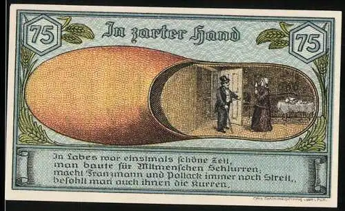 Notgeld Labes 1921, 75 Pfennig, In zarter Hand, Stadtwappen und Text