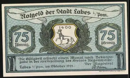 Notgeld Labes 1921, 75 Pfennig, In zarter Hand, Stadtwappen und Text