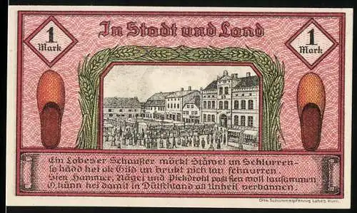 Notgeld Labes, 1921, 1 Mark, Stadtansicht und Hirschwappen, rote und grüne Gestaltung