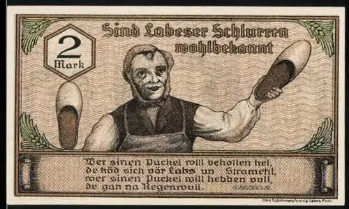 Notgeld Labes 1921, 2 Mark, Schuster mit Schuh und Stadtwappen, Text in Plattdeutsch, Ausgabe Oktober 1921