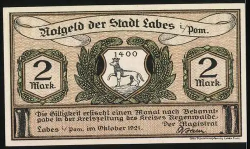 Notgeld Labes 1921, 2 Mark, Schuster mit Schuh und Stadtwappen, Text in Plattdeutsch, Ausgabe Oktober 1921