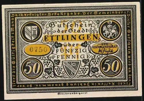 Notgeld Ettlingen, 1921, 50 Pfennig, Stadtansicht und historische Darstellung