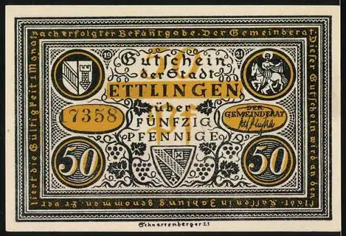 Notgeld Ettlingen, 1921, 50 Pfennig, Gutschein der Stadt Ettlingen mit historischem Motiv und Verzierungen