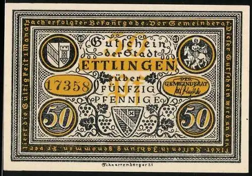 Notgeld Ettlingen, 1921, 50 Pfennig, Gutschein der Stadt Ettlingen mit Abbildung von Wappen und Szenen des städtischen
