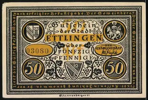 Notgeld Ettlingen, 1921, 50 Pfennig, Streit mit Frauen und Klosterabbildung
