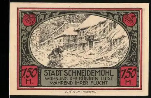 Notgeld Schneidemühl, 1920, 1,50 Mark, Wohnung der Königin Luise während ihrer Flucht, Stadtwappen mit rotem Hirsch