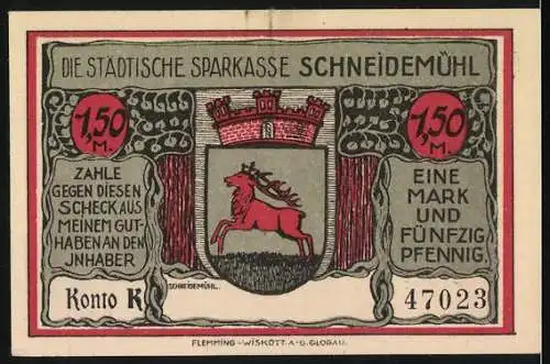 Notgeld Schneidemühl, 1920, 1,50 Mark, Wohnung der Königin Luise während ihrer Flucht, Stadtwappen mit rotem Hirsch