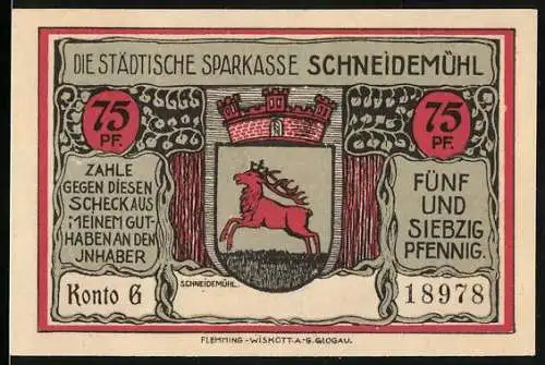 Notgeld Schneidemühl, 75 Pfennig, Städtische Sparkasse und Flugzeuge der ehemaligen Fliegerschule